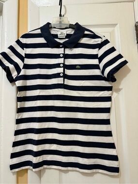 Lacoste Women’s Navy & White Striped Polo Shirt Size 44 (US 14-16)